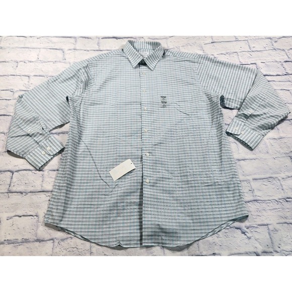 Calvin Klein MENS 16.5 32-33 Dress Shirt Blue Check Regular Fit Steel + Button - Picture 1 of 15